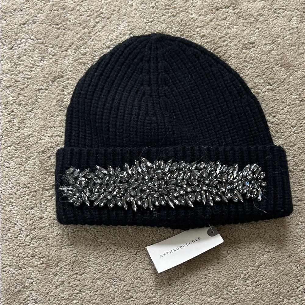 Anthropologie Black Knit Hat with Silver Accents